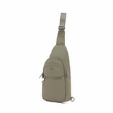 A taupe colored anti-theft sling bag with slash proof material and a secure lockable compartment, featuring a cut-proof adjustable shoulder strap and water resistant material.